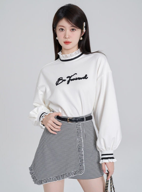 Lace Stand Collar Sweat Top + Asymmetrical Check Skirt