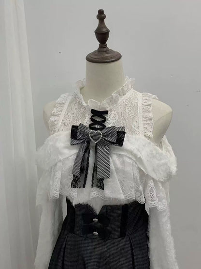 【1月6日予約締切】ホワイトレースオフショルダーリボンニットトップス＋千鳥格子スカート