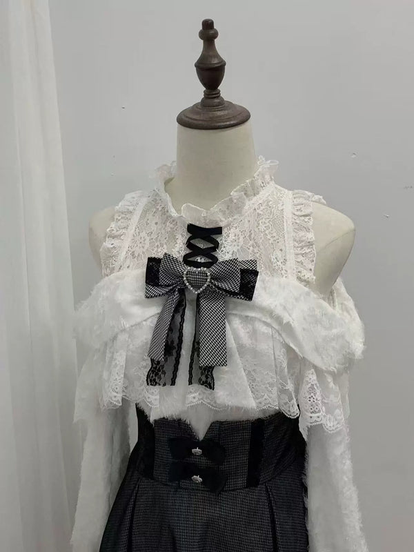 【1月6日予約締切】ホワイトレースオフショルダーリボンニットトップス＋千鳥格子スカート