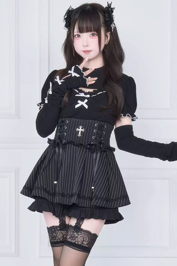 Knit Top with Ribbon Sleeves + Gothic Cross Lace-Up Skirt