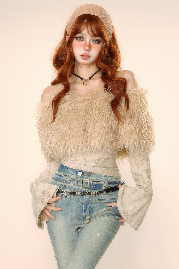 ワンショルダープラッシュパッチワークニットトップ