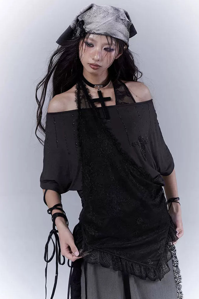 シアーオフショルレースハルタートップス