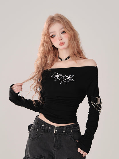 Kelly Kitty Hunting Sister Black Grey One Shoulder T-shirt Sweet and Spicy Girl Style Long sleeved Top Women's Spring and Summer New Style