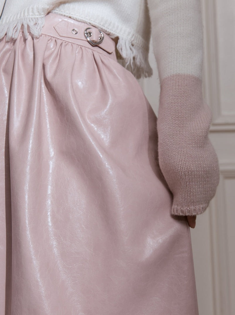 Milky Peach Sweetheart Belt Leather Long Skirt