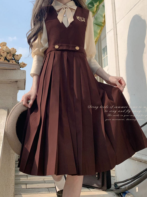 カレッジスタイルクリームシフォンインナーシャツ＋Vネックベストスカート＋リボンアクセサリー【予約商品】