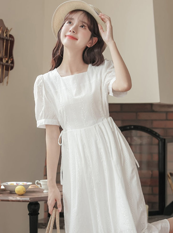 Square color puff sleeve waist dress