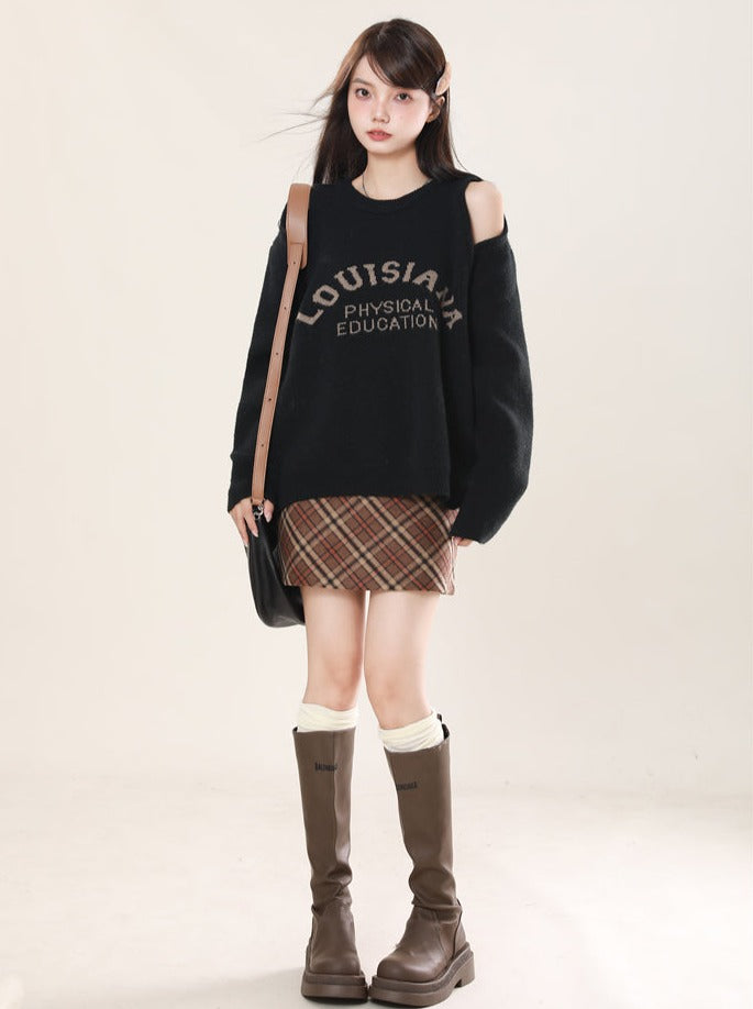 Open Shoulder Round Neck Knit Sweater