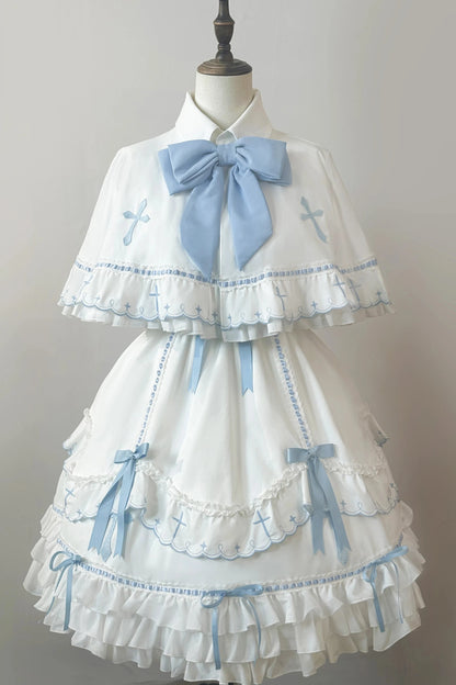 【10月4日予約締切】Blue & White / Pink & White Gothic-Inspired Sweet Lolita Ribbon Ruffle Dress＋Cross Embroidery Ribbon Cape