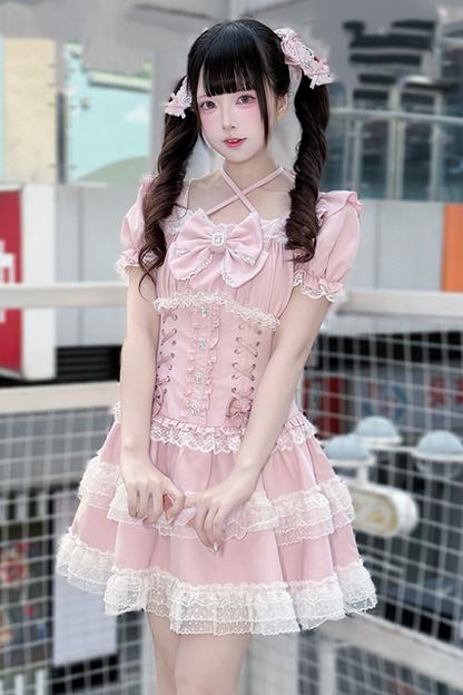 Pink Tiered Lace Halter Cake Dress