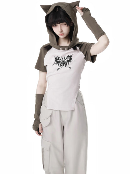 Wasteland Style Cat Ear Hoodie Casual Top And Pants Set