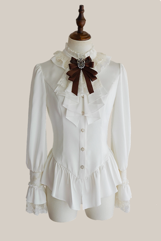 [Pre-order Deadline: September 19] Elegant Cameo Bow Lace Jabot Ruffle Shirt