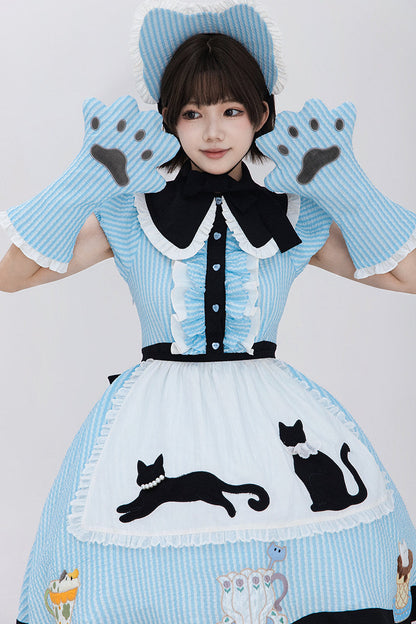 【8月18日予約締切】アリスブルーストライプ/ダークブルー×ブラックドット猫カフェテイストメイドロリータシリーズアクセサリー（猫耳ボンネット・グローブ・エプロン）