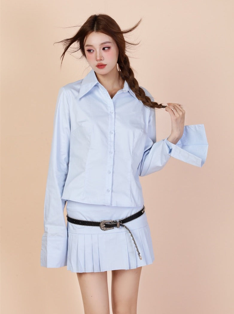 Chemise rétro style collège + jupe plissée + pull