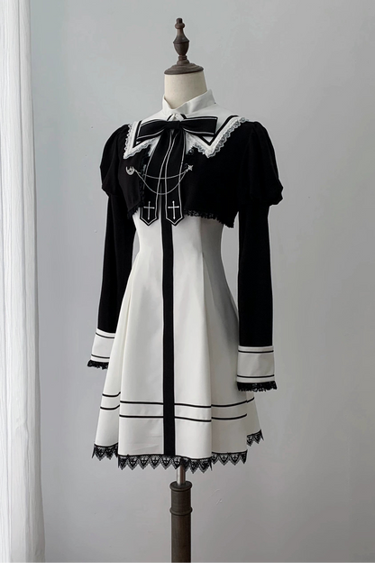 【9月15日予約締切】Black And White Cross Ribbon Frill Lace Academy Dress＋Gothic Chain Cropped Bolero Jacket