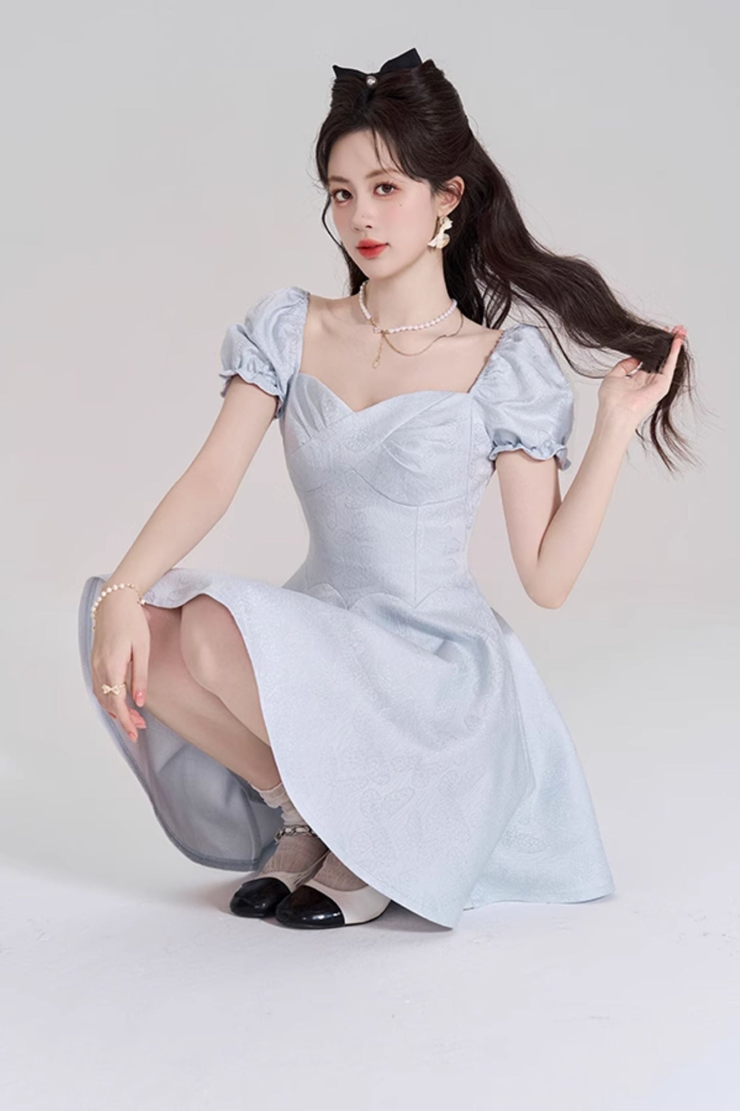 Blue Sweet French Puff Sleeve Dress