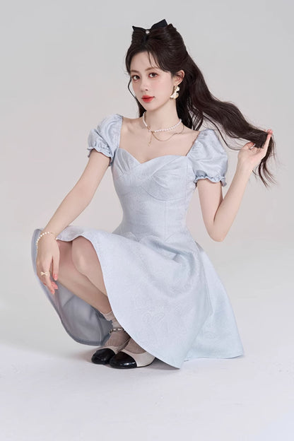Blue Sweet French Puff Sleeve Dress