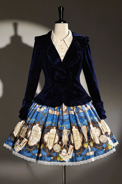 [Pre-order Deadline: November 6] Navy Blue/Brown Classic Italian Travel Diary Lolita Vintage Print Skirt