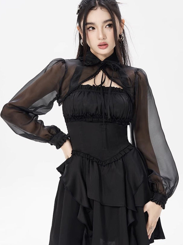 Sheer Lantern Sleeve Black Chiffon Short Jacket