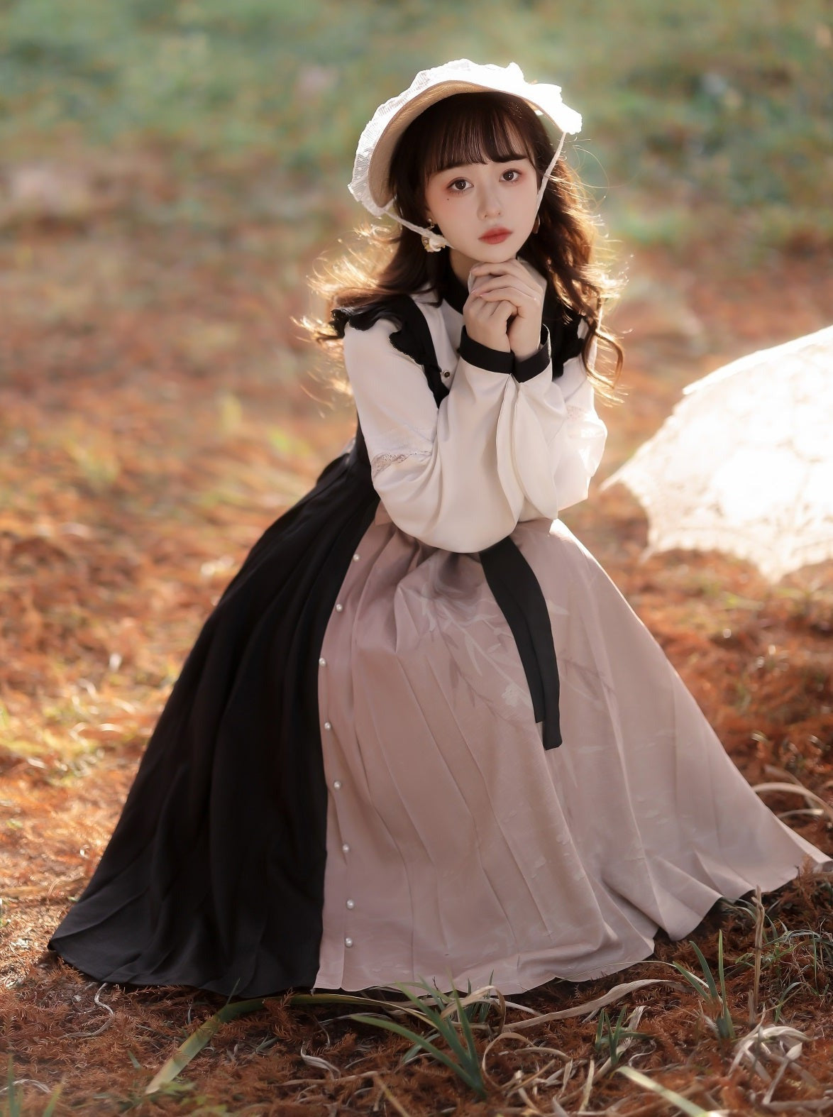 China Bow Suspender Skirt + Balloon Sleeve Blouse