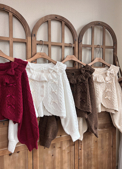 Ruffle Ribbon Lantern Sleeve Knit Cardigan