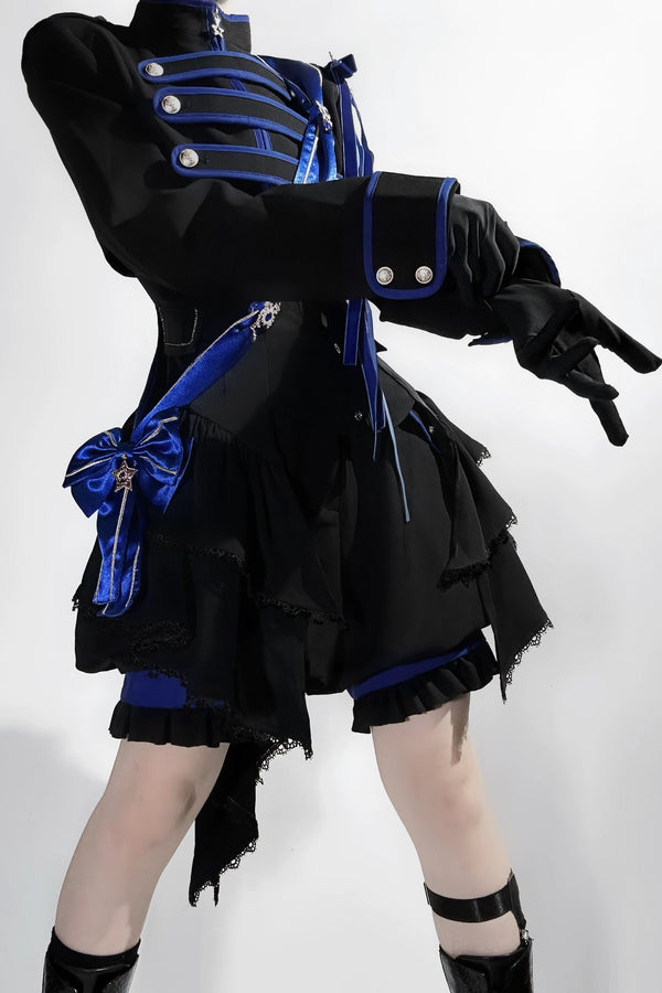 【9月13日予約締切】Black Blue Military Ruffle Lolita Jacket (with epaulet bow) + Shirt + Short Skirt Set / Shorts Set + Complete set 1/2 (Officer cap + Leg covers + Sash)