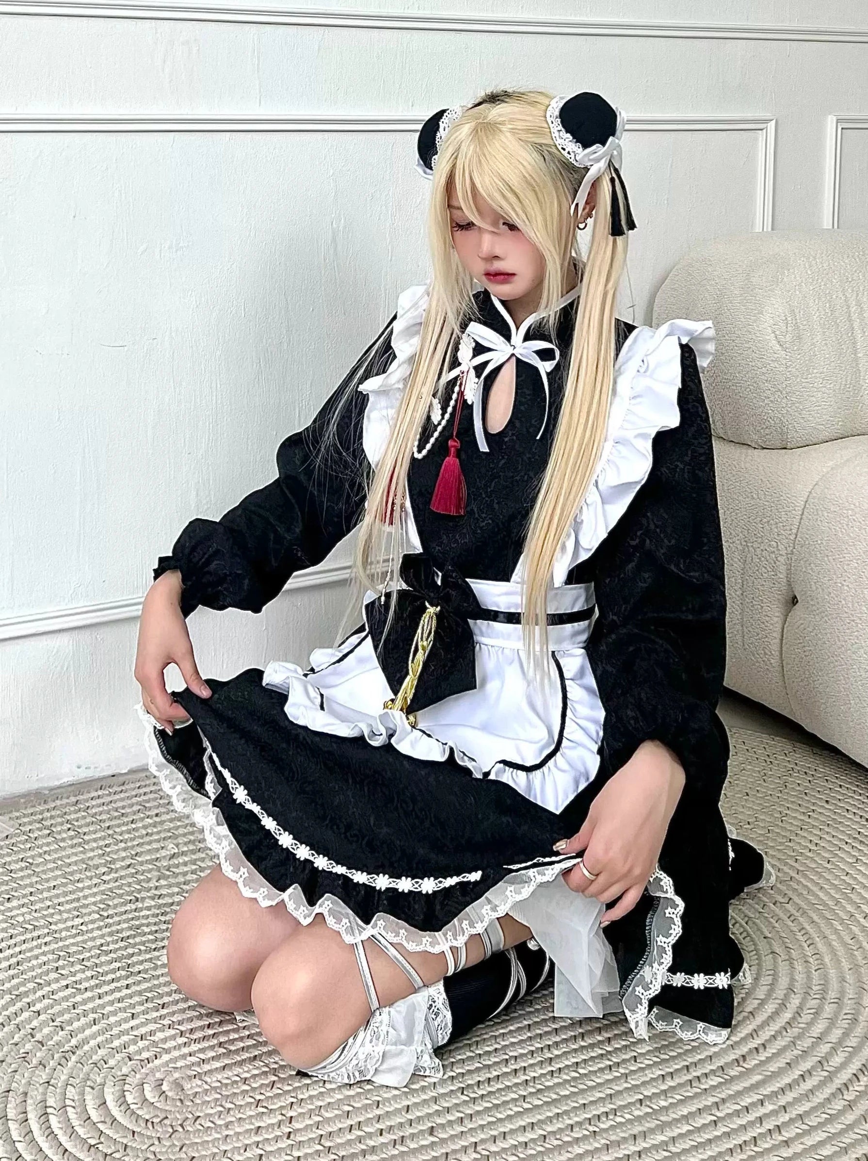 ブラックホワイトチャイナメイドリボンエプロンドレスセット【ショート ブラックホワイトチャイナメイドリボンエプロンドレスセット【ショート