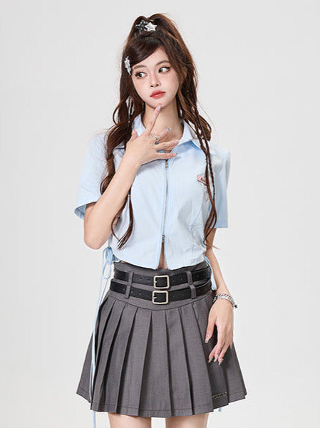 Double-zip short shirt with strap design