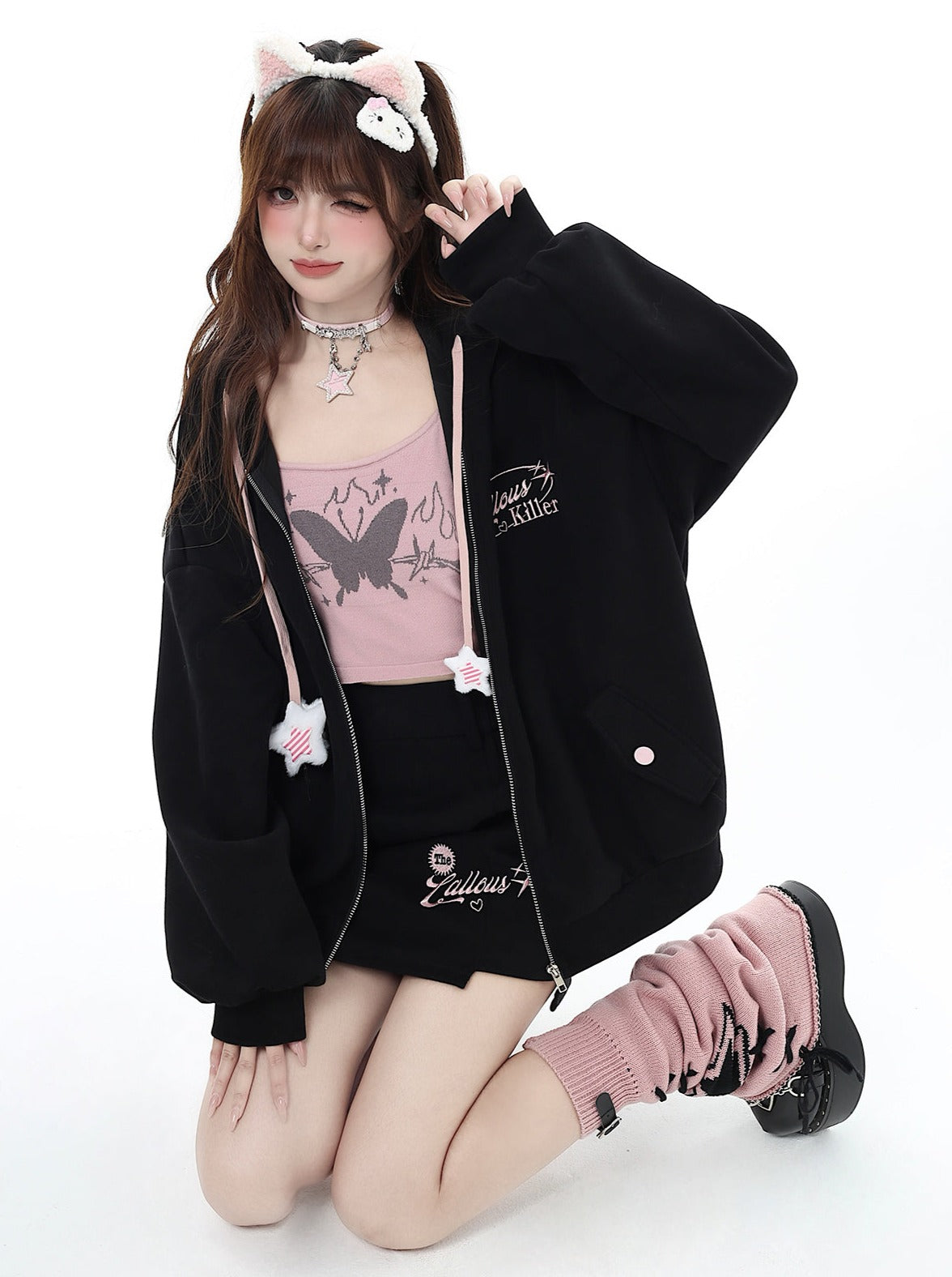 Small Man Hooded Zipper Hoodie + Casual Tight Skirt
