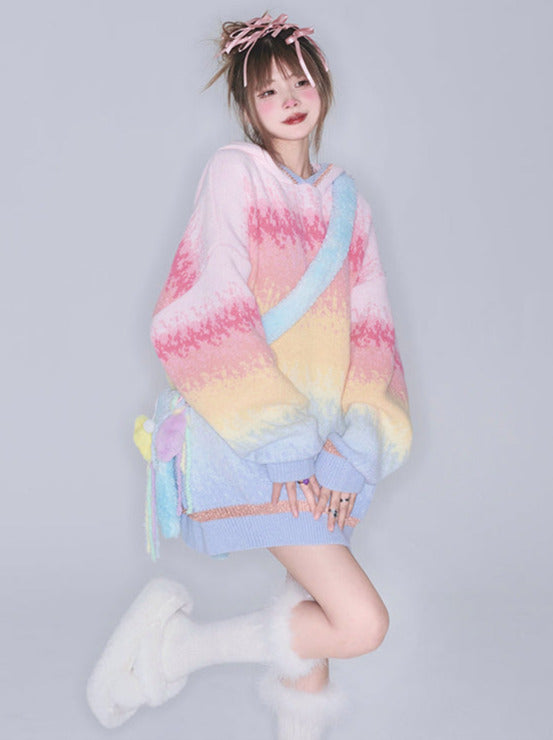 Pastel Color Lazy Loose Pullover Hooded Knit Sweater