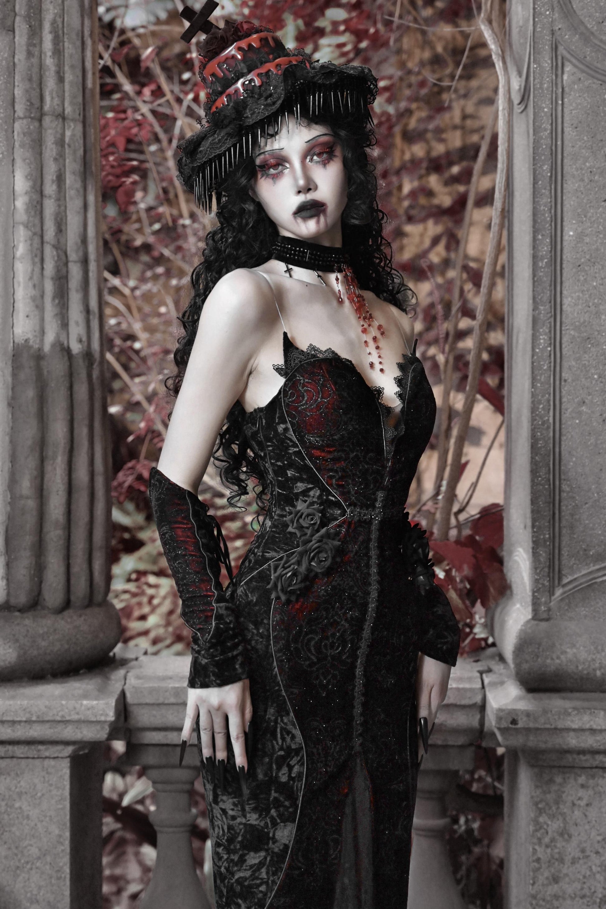 Blood Supply Original ◆ Crimson Blood Peak Gothic Dark Cake Cap Grotesque Mesh Tail Hat Accessory