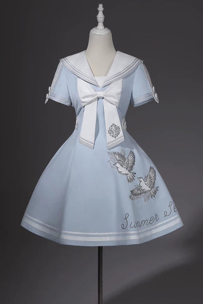 【10月1日予約締切】Blue/White Sailor Collar Bird Embroidery Lolita Bow Dress