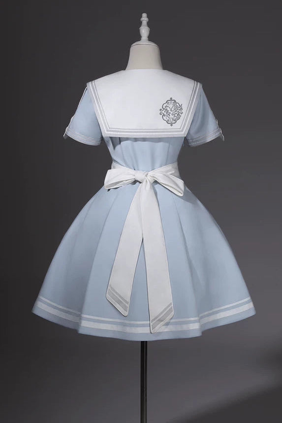 【10月1日予約締切】Blue/White Sailor Collar Bird Embroidery Lolita Bow Dress