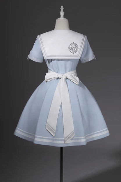 【10月1日予約締切】Blue/White Sailor Collar Bird Embroidery Lolita Bow Dress