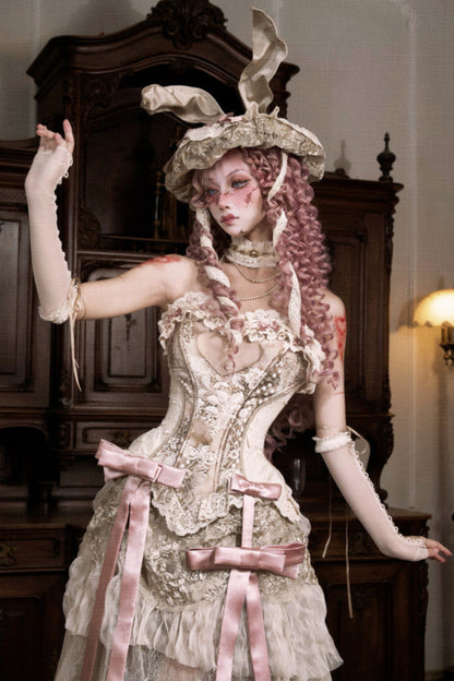 ラブフィッシュボーンコルセットロココフレンチチュニックトリムトップス＋スリーブ＋スリムリボン＋レッグカバー＋チョーカー