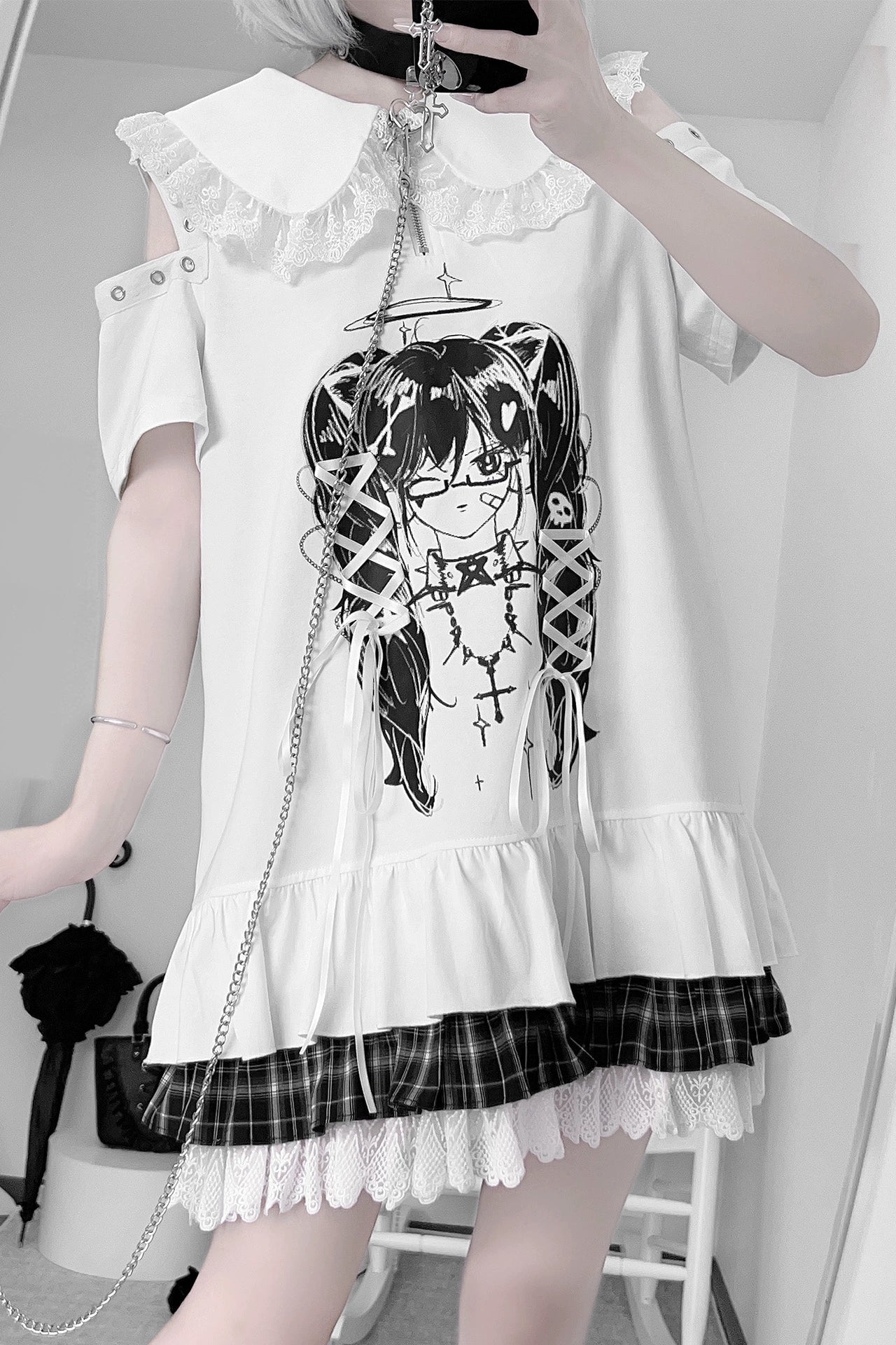 Lala-chan White Nights original design subculture print off-the-shoulder tie dress girly sweet and cool outfit
