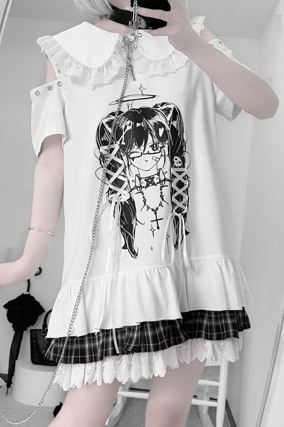 Lala-chan White Nights original design subculture print off-the-shoulder tie dress girly sweet and cool outfit
