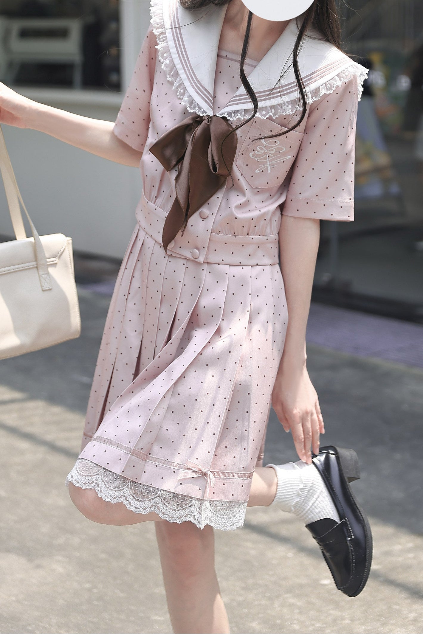 Pink Polka Dot Sailor Blouse + Skirt + Accessories