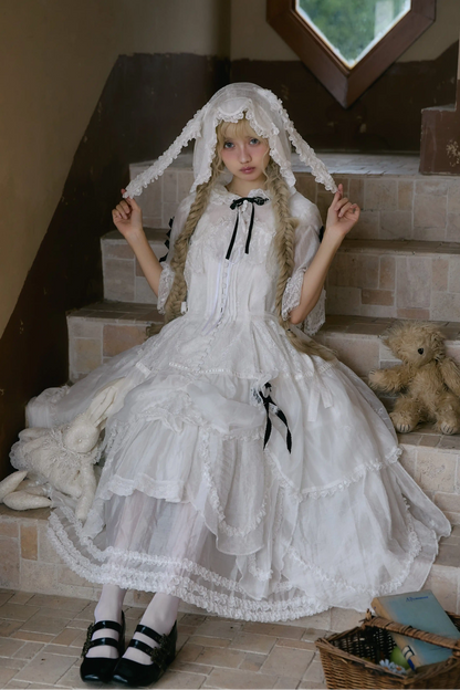 [Reservierungsschluss 18. August] Weiße Fairy-Lace-Rüschen-Lolita-Kapuzen-Shortjacke mit Hasenohren + Innenrock (Petticoat)