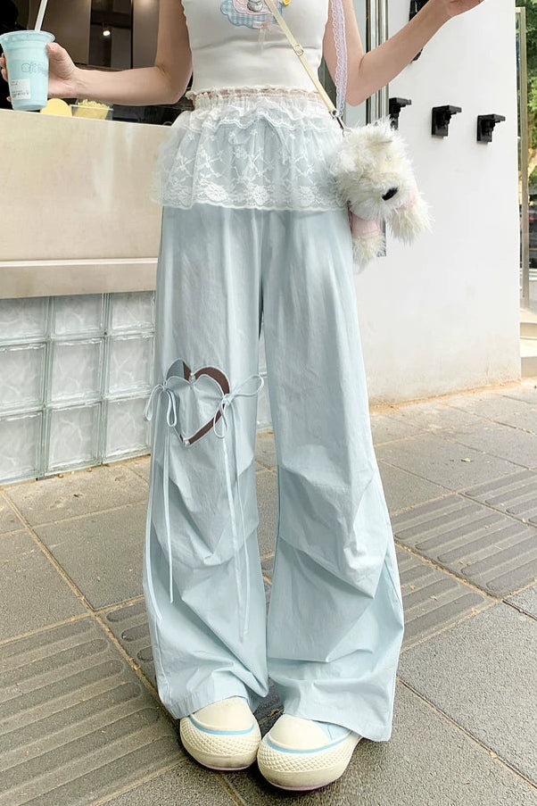 ハートワンポイントリボンハイウエストワイドレッグパンツ