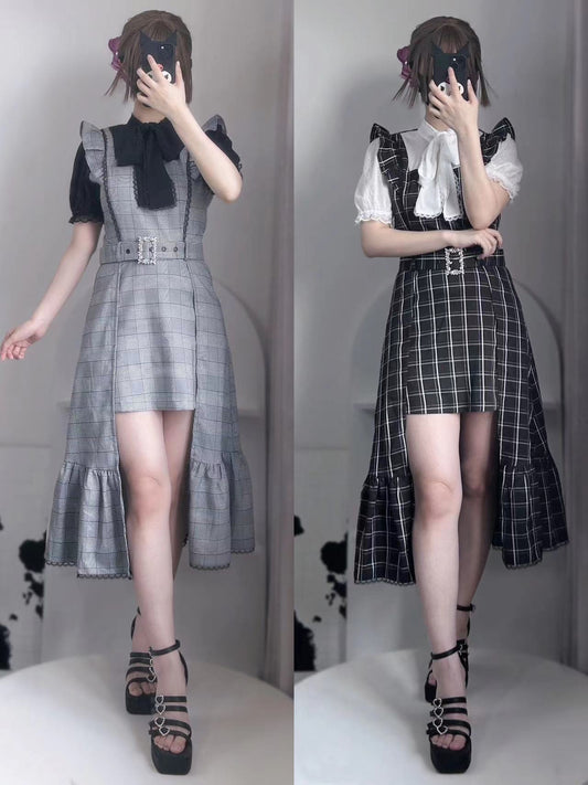 Clear Style Ruffle Suspender Skirt + Ribbon Blouse