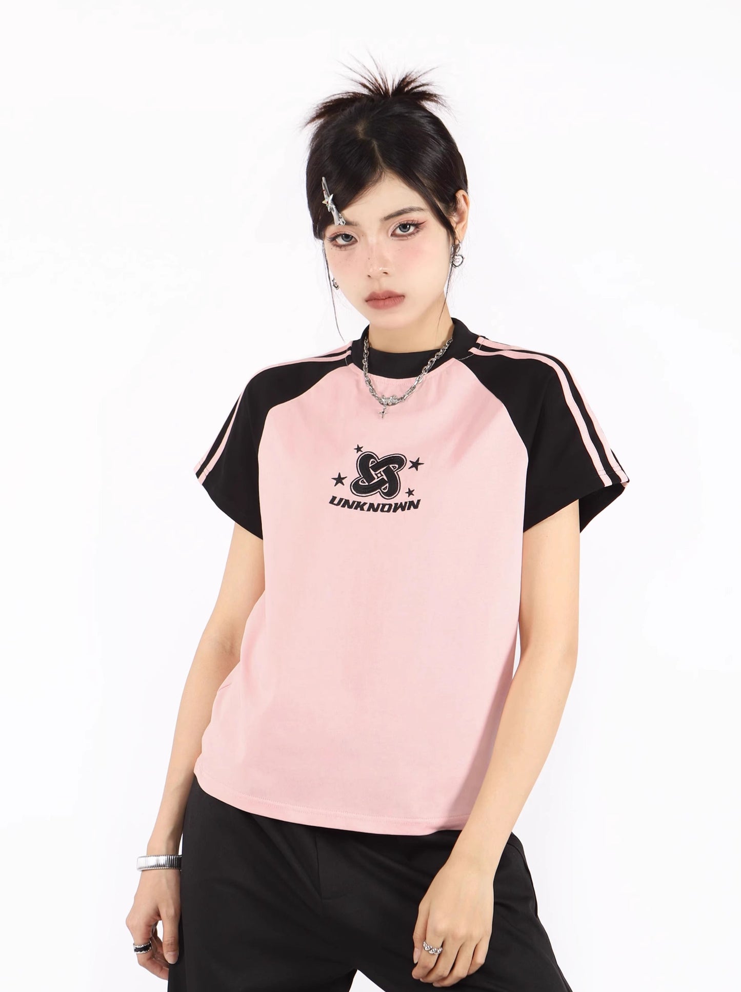 American Retro Contrast Color Grand Leave Slim Short T -shirt