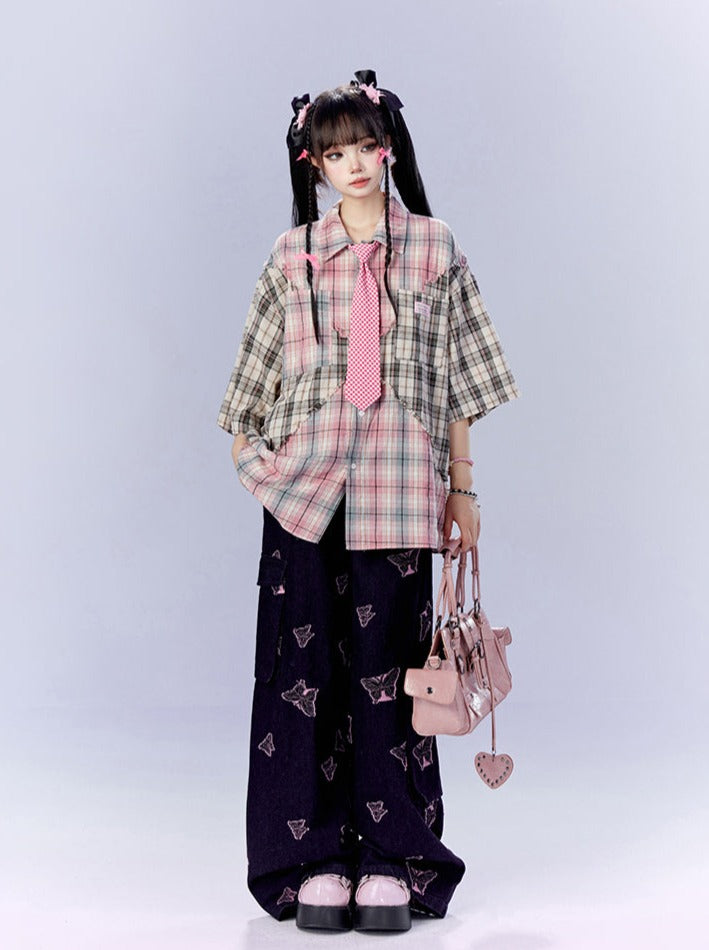 Black Pink Butterfly Wide Loose Pants