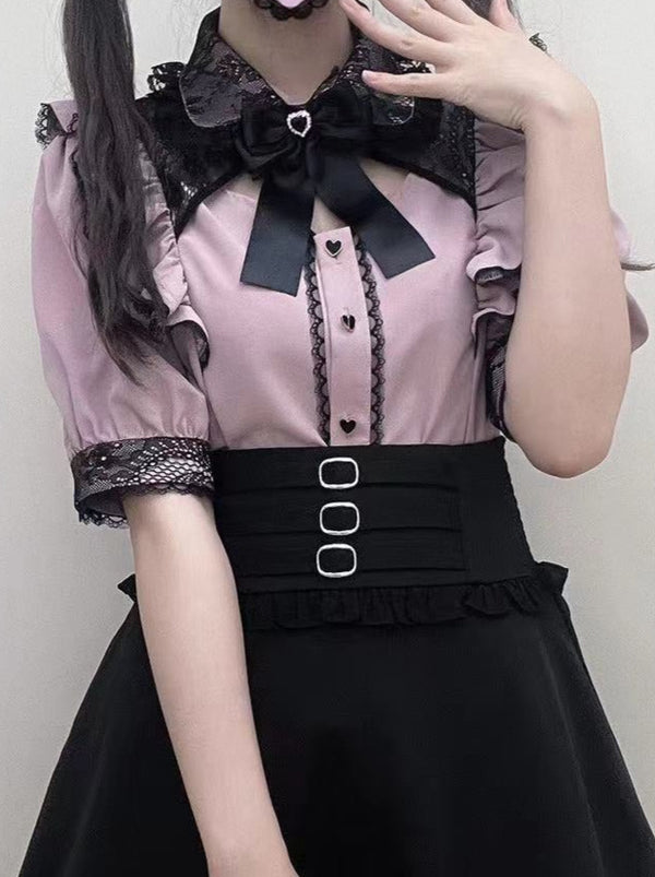 Mine Series Lace Neck Hollow Out Blouse