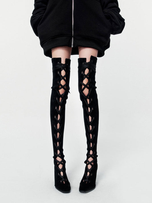 dark goth lace up knee high boots