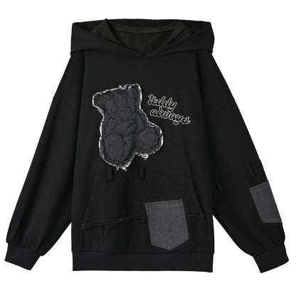 Patchwork Bear Design Loose Hooded Hoodie + Sweatpants