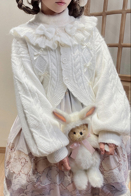 Ruffle Ribbon Lantern Sleeve Knit Cardigan