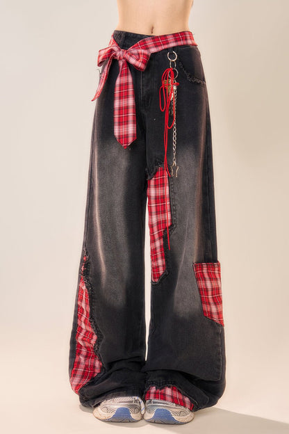 Patchwork check Wide leg jeans