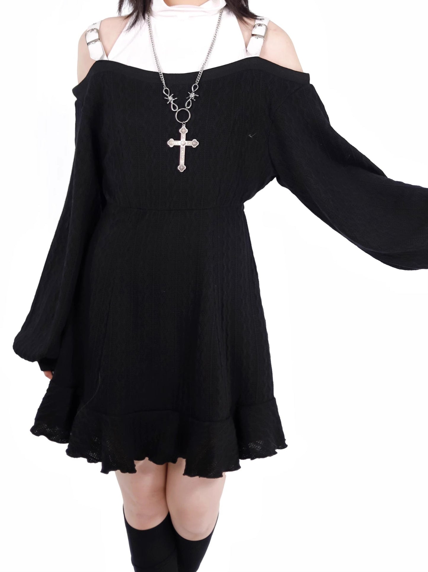 Cross Gothic Black Knitted Top Skirt + Black White Off Shoulder Dress Set Up