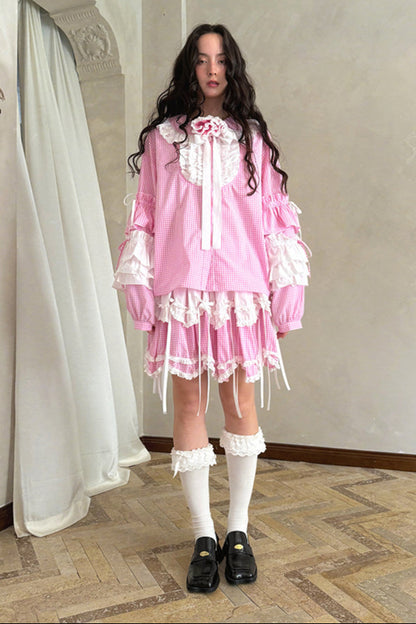 Camisa de patchwork con cuadrícula rosa muñeca