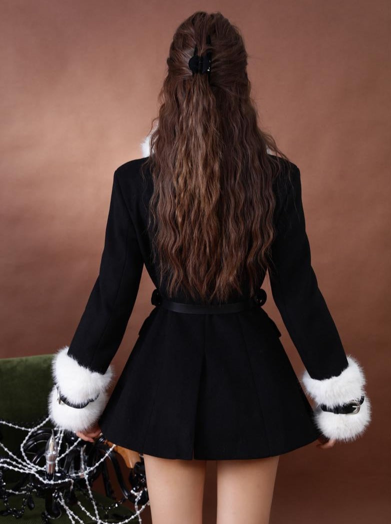 Rich Lady Style Fur Mid Length Waist Wool Coat